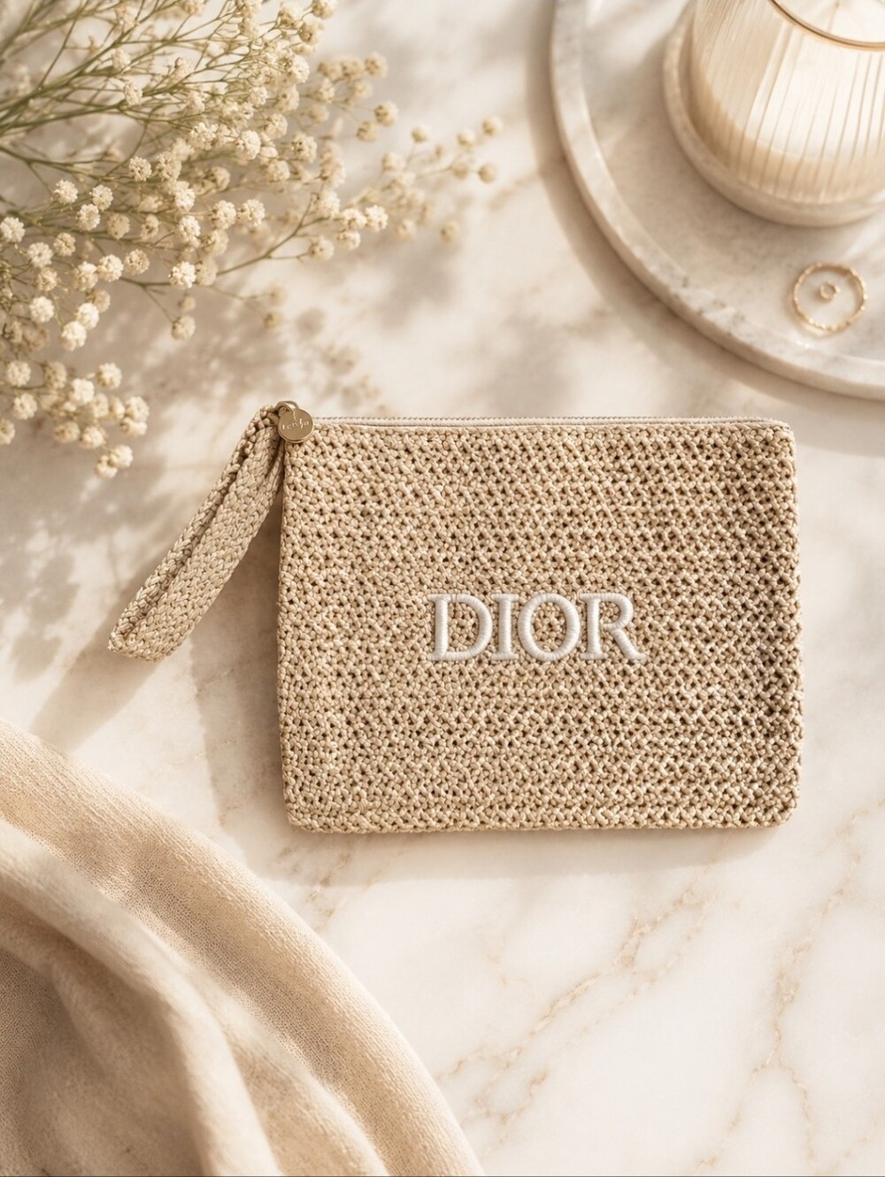 Dior Beauty Raffia Wristlet Cosmetic Makeup Pouch Clutch NEW GWP